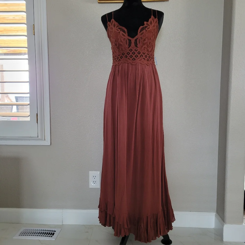 FP Free People One Adella Mocha Brown Maxi Slip Tiered Hem Dress L M - Picture 3 of 12